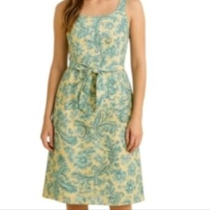 Yellow Cotton Paisley Green Floral Sleeveless Midi Dress Large
